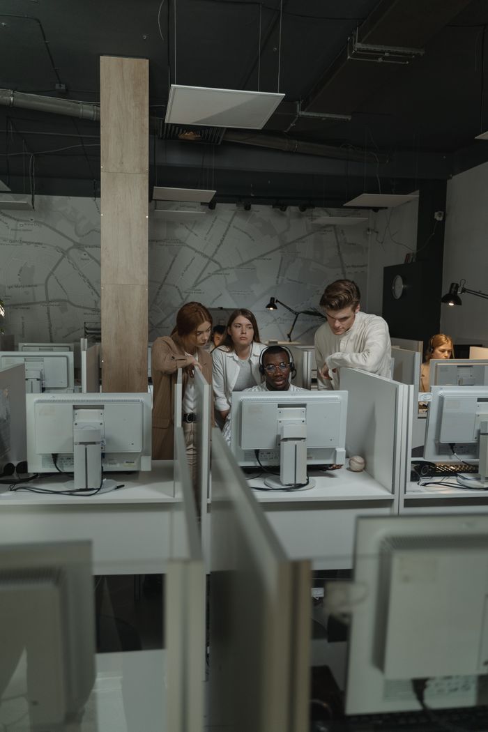 Diverse group of professionals collaborating in a modern office setting with computers.